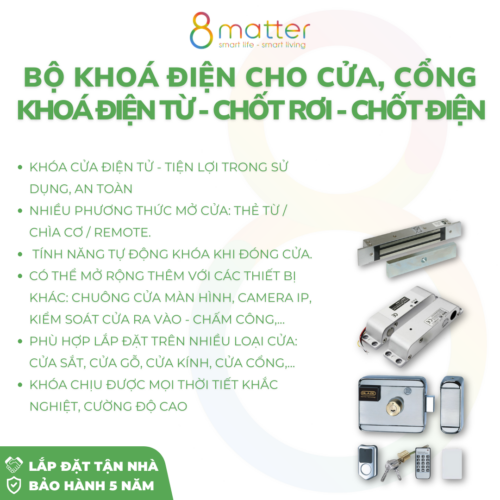 Bộ khoá cửa, cổng, cửa kính dùng điện, điện từ, chốt rơi, chốt điện nhiều cách lắp đặt