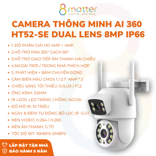 Camera thông minh AI 360  HT52-SE Dual LENS 8MP IP66