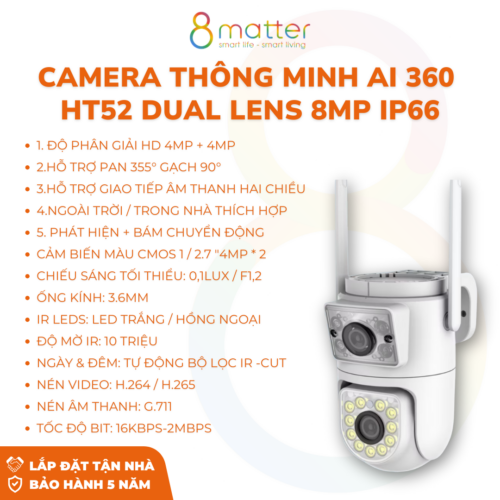 Camera thông minh AI 360  HT52 Dual LENS 8MP IP66